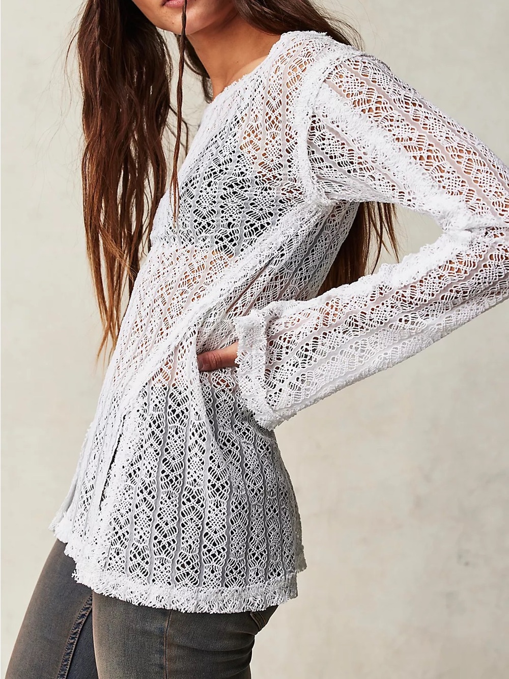 🌸Y2K Free People Sheer Lace Knit Long Sleeve Top - White size S boho chic fairy